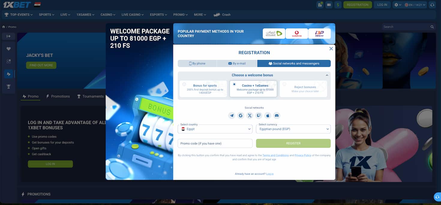 1xbet registration by social networks EN