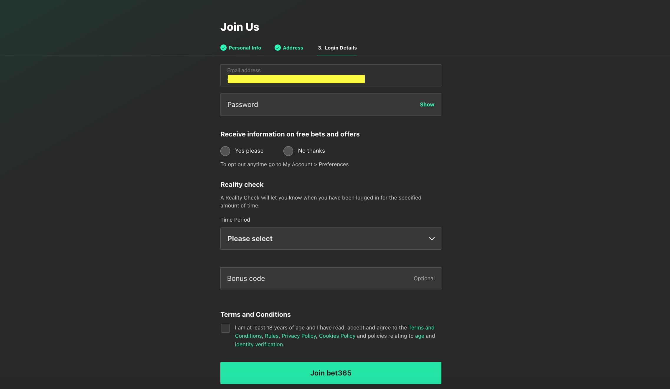 bet365 registration step3